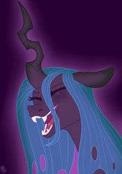 Size: 2793x4000 | Tagged: safe, artist:ponykittenboi, queen chrysalis, changeling, g4, blushing, eyes closed, female, laughing, open mouth, outline, purple background, scene interpretation, screencap reference, signature, simple background, smiling, solo, teeth, tongue out, watermark