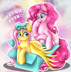 Size: 5000x5058 | Tagged: safe, artist:mailner, fluttershy, pinkie pie, earth pony, pegasus, pony, g4, absurd resolution, bow, box, cute, duo, excited, female, hair bow, heart, heart eyes, holiday, looking at each other, looking at someone, looking back, open mouth, open smile, outline, pony in a box, present, simple background, smiling, spread wings, starry eyes, white outline, wingding eyes, wings