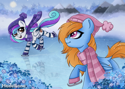 Size: 2616x1875 | Tagged: safe, artist:madelinne, oc, oc only, oc:comet dasher, oc:cookie crumbler, pegasus, pony, butt, clothes, commission, dock, duo, hat, high res, ice, plot, reflection, scarf, skating, snow, snowfall, striped scarf, tail, winter, ych result