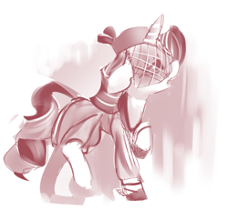 Size: 625x579 | Tagged: safe, artist:applepost67, rarity, pony, unicorn, g4, clothes, dress, female, hat, mare, monochrome, redscale, simple background, solo, veil, white background