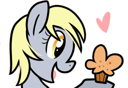 Size: 597x414 | Tagged: safe, artist:paperbagpony, derpy hooves, g4, floating heart, food, heart, muffin, simple background, white background