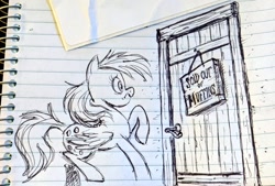 Size: 1024x692 | Tagged: safe, artist:mellodillo, derpy hooves, pegasus, pony, door, female, frown, lined paper, mare, pen drawing, sign, solo, traditional art