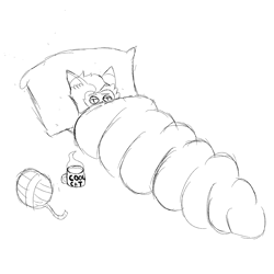 Size: 2222x2222 | Tagged: safe, artist:tigerbeetle, derpibooru exclusive, capper dapperpaws, abyssinian, g4, annoyed, high res, mug, simple background, sketch, sleeping bag, solo, steam, waking up, white background, yarn, yarn ball