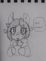 Size: 2442x3178 | Tagged: artist needed, safe, oc, oc only, oc:floor bored, earth pony, pony, /mlp/, clothes, cup, dialogue, drink, drinking, drinking straw, female, grayscale, heart, heart eyes, high res, hoodie, implied anon, looking at you, mare, monochrome, speech bubble, traditional art, wingding eyes