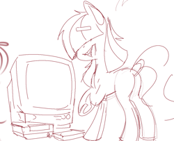 Size: 1037x844 | Tagged: artist needed, safe, oc, oc only, oc:dot matrix, earth pony, pony, /mlp/, butt, female, hair over eyes, looking back, mare, monochrome, nintendo entertainment system, open mouth, open smile, plot, sketch, smiling, solo, television, thick eyebrows