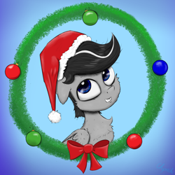 Size: 2100x2100 | Tagged: safe, artist:chopsticks, oc, oc only, oc:chopsticks, pegasus, pony, bauble, bow, chipped tooth, christmas, hat, high res, holiday, looking at you, male, ornament, profile picture, santa hat, simple background, solo, wreath