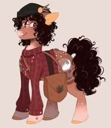 Size: 1168x1344 | Tagged: safe, artist:wanderingpegasus, oc, oc only, earth pony, pony, bag, beige background, beret, clothes, coat markings, colored hooves, colored pinnae, curly mane, curly tail, facial markings, full body, hat, heart mark, looking at you, messenger bag, ponified, simple background, snip (coat marking), socks (coat markings), solo, star (coat marking), star mark, sweater, tail