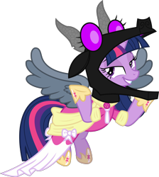 Size: 3534x3946 | Tagged: safe, artist:sketchmcreations, twilight sparkle, alicorn, dragon, enderdragon, pony, g4, clothes, coronation dress, costume, dragon costume, dress, elytra, female, flying, high res, mare, mask, minecraft, reference, shrug, simple background, smug, smuglight sparkle, solo, transparent background, twilight sparkle (alicorn), vector