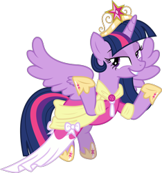 Size: 3440x3669 | Tagged: safe, artist:sketchmcreations, twilight sparkle, alicorn, pony, g4, clothes, coronation dress, crown, dress, female, flying, high res, jewelry, mare, regalia, shrug, simple background, smiling, smug, smuglight sparkle, solo, transparent background, twilight sparkle (alicorn), vector