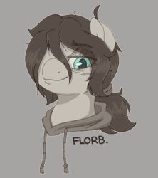 Size: 800x900 | Tagged: safe, anonymous artist, oc, oc only, oc:floor bored, earth pony, pony, /mlp/, bust, clothes, female, grayscale, hoodie, lidded eyes, mare, monochrome, partial color, ponytail, smiling, solo