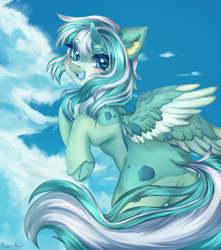 Size: 3000x3400 | Tagged: safe, artist:bizarre_pony, oc, oc only, oc:ditzy, pegasus, pony, butt, chest fluff, ear fluff, featureless crotch, female, flying, frog (hoof), high res, plot, sky, solo, underhoof