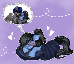 Size: 4000x3500 | Tagged: safe, artist:bizarre_pony, oc, oc only, pony, blanket, commission, dream, duo, ear fluff, glasses, pillow, sleeping, thought bubble