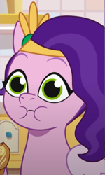 Size: 403x671 | Tagged: safe, screencap, pipp petals, pegasus, pony, foal food, g5, my little pony: tell your tale, spoiler:g5, spoiler:my little pony: tell your tale, spoiler:tyts01e38, big eyes, cookie, cropped, dilated pupils, eating, female, food, mare, puffy cheeks