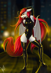Size: 820x1180 | Tagged: safe, alternate version, artist:stirren, oc, bat pony, anthro, unguligrade anthro, bat pony oc, blurry background, bodysuit, clothes, commission, female, gag, gloves, long hair, long tail, night, pinup, pose, socks, solo, tack, tail, ych result