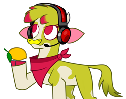 Size: 1560x1230 | Tagged: safe, artist:nonameorous, oc, cow, them's fightin' herds, clothes, cloven hooves, community related, food, headset, headset mic, hoof hold, lemon, looking up, raised hoof, scarf, simple background, solo, standing, tfh oc, transparent background