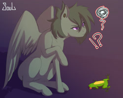 Size: 1280x1024 | Tagged: safe, artist:souladdicted, oc, frog, pegasus, pony, behaving like a cat, confused, ear piercing, exclamation point, interrobang, piercing, question mark, sitting, x eyes