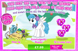 Size: 1964x1295 | Tagged: safe, gameloft, lightning bolt, white lightning, pegasus, pony, g4, my little pony: magic princess, advertisement, bush, camera, cardboard cutout, clothes, costs real money, earmuffs, english, female, flower, introduction card, mare, numbers, sale, scarf, snow, solo, spread wings, text, wings