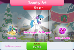 Size: 1268x853 | Tagged: safe, gameloft, lightning bolt, white lightning, pegasus, pony, g4, my little pony: magic princess, bundle, bush, camera, cardboard cutout, clothes, costs real money, earmuffs, english, female, flower, mare, numbers, sale, scarf, snow, solo, spread wings, text, wings