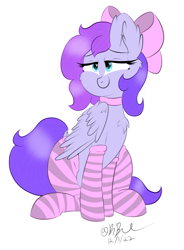 Size: 2521x3433 | Tagged: safe, artist:lunastaralight, oc, oc only, pegasus, pony, bow, chest fluff, clothes, hair bow, high res, simple background, socks, solo, striped socks, white background