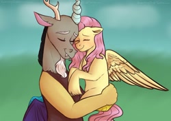 Size: 2247x1583 | Tagged: safe, artist:violetpony11, discord, fluttershy, draconequus, pegasus, pony, g4, blushing, doodle, eyes closed, female, grass, holding a pony, horn, hug, male, mare, ship:discoshy, shipping, straight