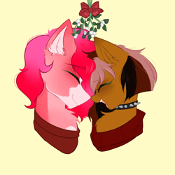 Size: 1000x1000 | Tagged: safe, artist:thieftea, oc, oc:ginger apple, oc:milkshake, earth pony, pony, choker, clothes, collar, commission, couple, cute, earth pony oc, eyes closed, female, happy, laughing, male, mistletoe, scarf, smiling, spiked choker, ych result