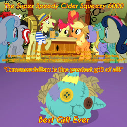 Size: 3072x3072 | Tagged: safe, edit, edited screencap, editor:itsmgh1203, screencap, apple bloom, applejack, big macintosh, bon bon, cloud kicker, flim, lyra heartstrings, sweetie drops, earth pony, pegasus, pony, unicorn, best gift ever, g4, season 2, the super speedy cider squeezy 6000, apple bloom's bow, applejack's hat, bow, cowboy hat, doll, eyes closed, female, filly, foal, hair bow, hat, high res, male, mare, open mouth, open smile, smiling, stallion, text, toy