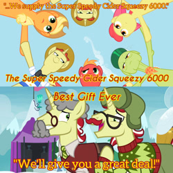 Size: 3072x3072 | Tagged: safe, edit, edited screencap, editor:itsmgh1203, screencap, apple bloom, applejack, big macintosh, flam, flim, granny smith, earth pony, pony, unicorn, g4, my little pony best gift ever, season 2, the super speedy cider squeezy 6000, apple bloom's bow, applejack's hat, bow, brothers, cowboy hat, female, filly, flim flam brothers, foal, hair bow, hat, high res, male, mare, open mouth, open smile, siblings, smiling, stallion, text