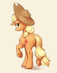 Size: 2650x3400 | Tagged: safe, artist:aquaticvibes, applejack, earth pony, pony, g4, applebutt, applejack's hat, butt, cowboy hat, female, hat, high res, looking at you, looking back, looking back at you, mare, plot, rear view, simple background, smiling, smiling at you, underhoof