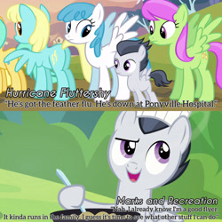 Size: 3072x3072 | Tagged: safe, edit, edited screencap, editor:itsmgh1203, screencap, lightning bolt, merry may, rumble, sassaflash, sunshower raindrops, white lightning, pegasus, pony, g4, hurricane fluttershy, marks and recreation, season 2, season 7, butt, chef's hat, colt, female, foal, hat, high res, male, mare, open mouth, open smile, plot, smiling, spoon, spread wings, text, wings