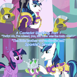 Size: 3072x3072 | Tagged: safe, edit, edited screencap, editor:itsmgh1203, screencap, shining armor, spike, twilight sparkle, alicorn, dragon, pony, unicorn, a canterlot wedding, g4, season 2, season 9, sparkle's seven, crown, eyes closed, female, hard-won helm of the sibling supreme, high res, male, mare, open mouth, open smile, royal guard, smiling, stallion, text, twilight sparkle (alicorn), unicorn royal guard, winged spike, wings