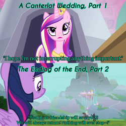 Size: 3072x3072 | Tagged: safe, edit, edited screencap, editor:itsmgh1203, screencap, cozy glow, lord tirek, princess cadance, queen chrysalis, twilight sparkle, alicorn, centaur, pegasus, pony, taur, a canterlot wedding, g4, season 2, season 9, the ending of the end, crown, disguise, fake cadance, female, filly, flying, foal, high res, jewelry, looking up, male, mare, nose in the air, open mouth, regalia, spread wings, text, twilight sparkle (alicorn), wings
