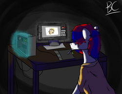 Size: 3000x2300 | Tagged: safe, artist:bosscakes, oc, oc:bosscakes, earth pony, pony, clothes, computer, dark room, drawing tablet, high res, shirt, solo, table