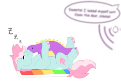 Size: 1280x854 | Tagged: safe, artist:itstechtock, oc, oc:dino dig, pony, female, filly, foal, parent:lily longsocks, parent:petunia paleo, plushie, simple background, sleeping, white background