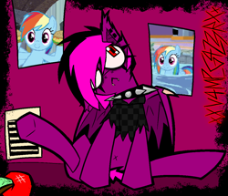 Size: 1084x933 | Tagged: safe, artist:xxv4mp_g4z3rxx, rainbow dash, oc, oc only, oc:violet valium, bat pony, pegasus, pony, apple, bat pony oc, clothes, collar, dilated pupils, emo, food, hoodie, looking up, red eyes, solo, spiked collar, spread wings, wings
