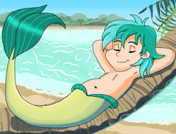 Size: 1089x830 | Tagged: safe, artist:ocean lover, sandbar, human, merboy, merman, g4, arm behind head, beach, belly, belly button, blue sky, chest, cute, eyes closed, fins, handsome, hill, human coloration, humanized, island, lying down, male, mermanized, ocean, palm tree, raised tail, relaxing, resting, sand, shadow, sky, sleeping, smiling, solo, species swap, tail, tail fin, teenager, tree, tropical, water, wave
