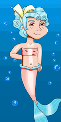 Size: 705x1414 | Tagged: safe, artist:ocean lover, cozy glow, human, mermaid, g4, antagonist, bandeau, bare shoulders, belly, belly button, blue background, bow, bubble, child, creepy, evil, evil grin, evil smirk, female, fins, fish tail, freckles, grin, hair bow, human coloration, humanized, looking at you, mermaid tail, mermaidized, mischievous, not salmon, ocean, red eyes, salmon yet not salmon, simple background, sleeveless, smiling, smirk, solo, species swap, tail, tail fin, underwater, villainess, wat, water