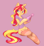 Size: 1714x1776 | Tagged: safe, artist:fajeh, sunset shimmer, unicorn, semi-anthro, bottomless, clothes, hat, hoof hold, partial nudity, party hat, shirt, simple background, sitting, smiling, socks, solo, striped socks, thigh highs