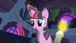 Size: 1200x675 | Tagged: safe, screencap, twilight sparkle, pony, unicorn, g4, owl's well that ends well, season 1, candle, candlelight, cute, female, golden oaks library, magic, mare, night, solo, telekinesis, twiabetes, unicorn twilight, writing