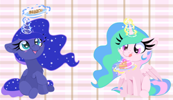 Size: 1642x954 | Tagged: safe, artist:lbrcloud, princess celestia, princess luna, alicorn, pony, g4, abstract background, blushing, cake, cakelestia, cewestia, cookie, cute, duo, female, filly, foal, folded wings, food, glowing, glowing horn, horn, lunabetes, magic, magic aura, royal sisters, siblings, sisters, smiling, telekinesis, tongue out, wings, wings down, woona, younger