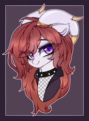 Size: 1290x1748 | Tagged: safe, artist:_spacemonkeyz_, oc, oc only, oc:kumikoshy, pony, bust, clothes, collar, female, fishnet stockings, horns, jacket, mare, purple eyes, solo