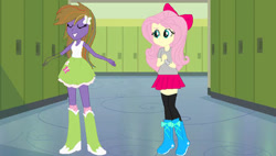 Size: 439x250 | Tagged: safe, fluttershy, human, equestria girls, g4, boots, clothes, clothes swap, miniskirt, shirt, shoes, skirt, socks, solo, thigh highs, thigh socks