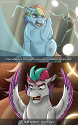 Size: 2760x4410 | Tagged: safe, artist:linatikart, rainbow dash, zipp storm, pegasus, pony, g5, colored wings, duo, duo female, eyebrows, female, folded wings, frown, high res, mare, multicolored wings, open mouth, spread wings, the owl house, wings