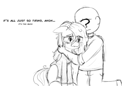 Size: 3508x2480 | Tagged: artist needed, safe, oc, oc only, oc:anon, oc:floor bored, earth pony, human, pony, /mlp/, clothes, crying, dialogue, female, high res, holding a pony, hoodie, hug, kneeling, mare, monochrome, pants, sad, shirt, simple background, sitting, white background