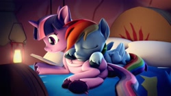 Size: 3840x2160 | Tagged: safe, artist:psfmer, rainbow dash, twilight sparkle, alicorn, pegasus, pony, g4, 3d, bed, book, butt, cute, cute little fangs, fangs, female, high res, lantern, lesbian, lying down, lying on top of someone, mare, on bed, plot, reading, revamped ponies, ship:twidash, shipping, source filmmaker, twibutt, twilight sparkle (alicorn), underhoof