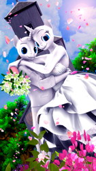 Size: 2160x3840 | Tagged: safe, oc, unicorn, anthro, 3d, bouquet, clothes, commission, dress, female, flower, flower petals, high res, looking at you, male, shipping, smiling, smiling at you, source filmmaker, straight, wedding dress, ych example, your character here