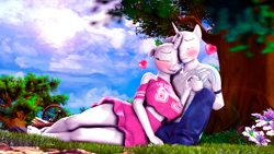 Size: 3840x2160 | Tagged: safe, oc, alicorn, earth pony, pegasus, unicorn, anthro, plantigrade anthro, 3d, barefoot, big breasts, blushing, breasts, commission, cuddling, feet, female, floating heart, heart, high res, male, shipping, source filmmaker, straight, ych example, your character here