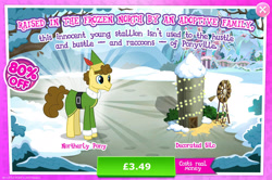 Size: 1960x1298 | Tagged: safe, gameloft, budding pine, buddy the elf, earth pony, pony, g4, my little pony: magic princess, advertisement, bush, clothes, costs real money, elf costume, english, hat, introduction card, male, numbers, sale, silo, snow, solo, stallion, text, tree
