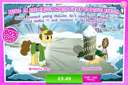 Size: 1960x1298 | Tagged: safe, gameloft, budding pine, earth pony, pony, g4, my little pony: magic princess, advertisement, buddy the elf, bush, clothes, costs real money, elf costume, english, hat, introduction card, male, numbers, sale, silo, snow, solo, stallion, text, tree