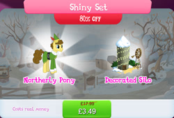 Size: 1264x854 | Tagged: safe, gameloft, budding pine, buddy the elf, earth pony, pony, g4, my little pony: magic princess, bundle, bush, clothes, costs real money, elf costume, english, hat, male, numbers, sale, shiny set, silo, snow, solo, stallion, text, tree