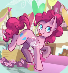 Size: 500x535 | Tagged: safe, artist:lechu-zaz, pinkie pie, earth pony, pony, g4, :p, female, flower, heart, heart eyes, ponyville, solo, tongue out, wingding eyes